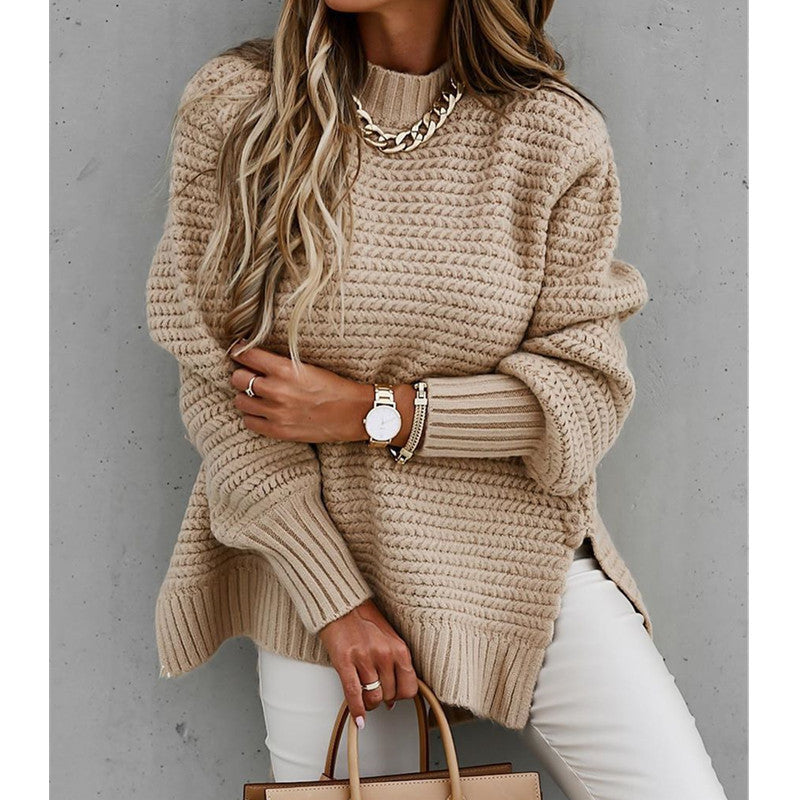 Solid color drawstring slit knit sweater