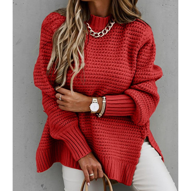 Solid color drawstring slit knit sweater