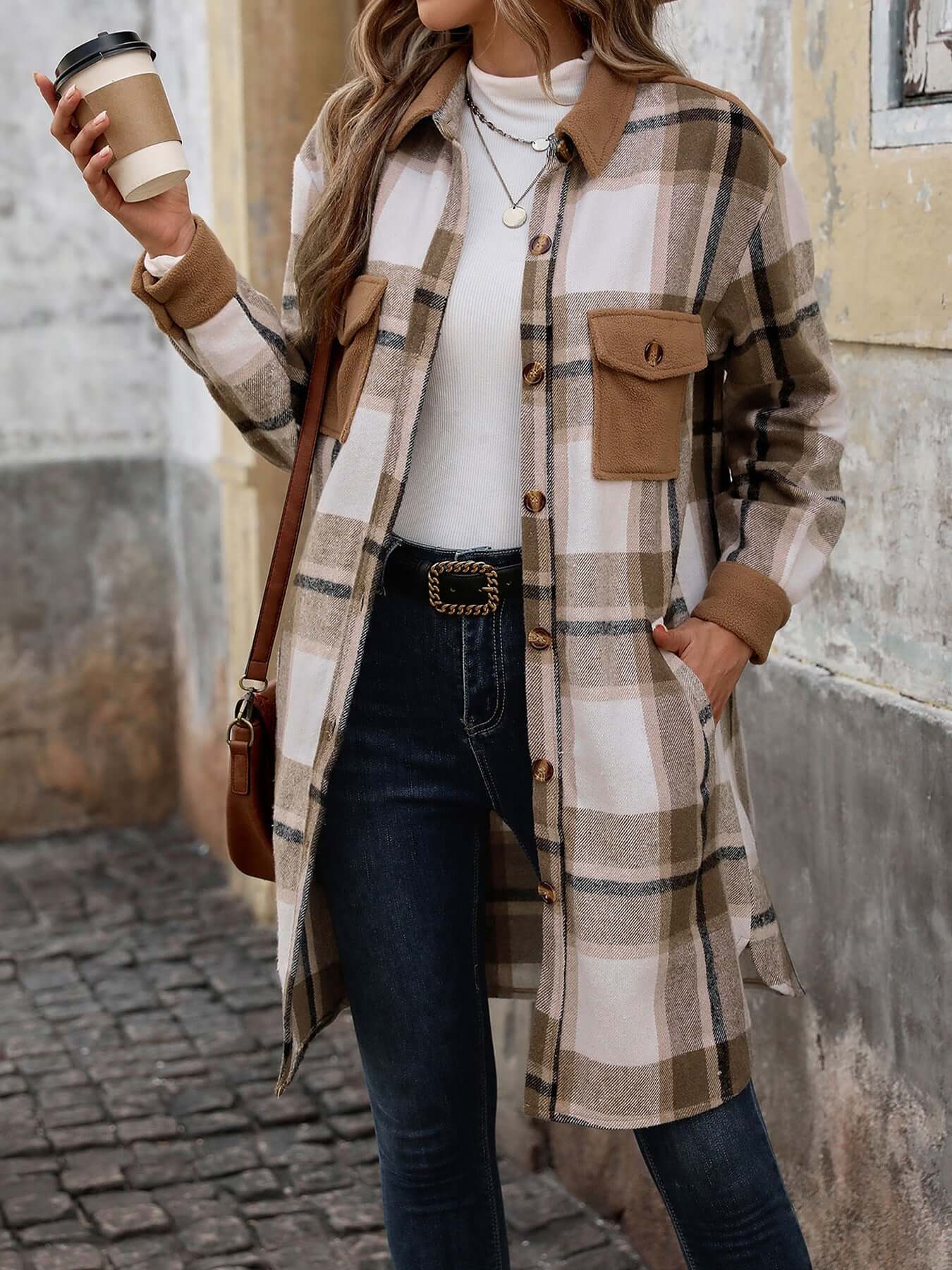 Brushed Plaid Long Coat