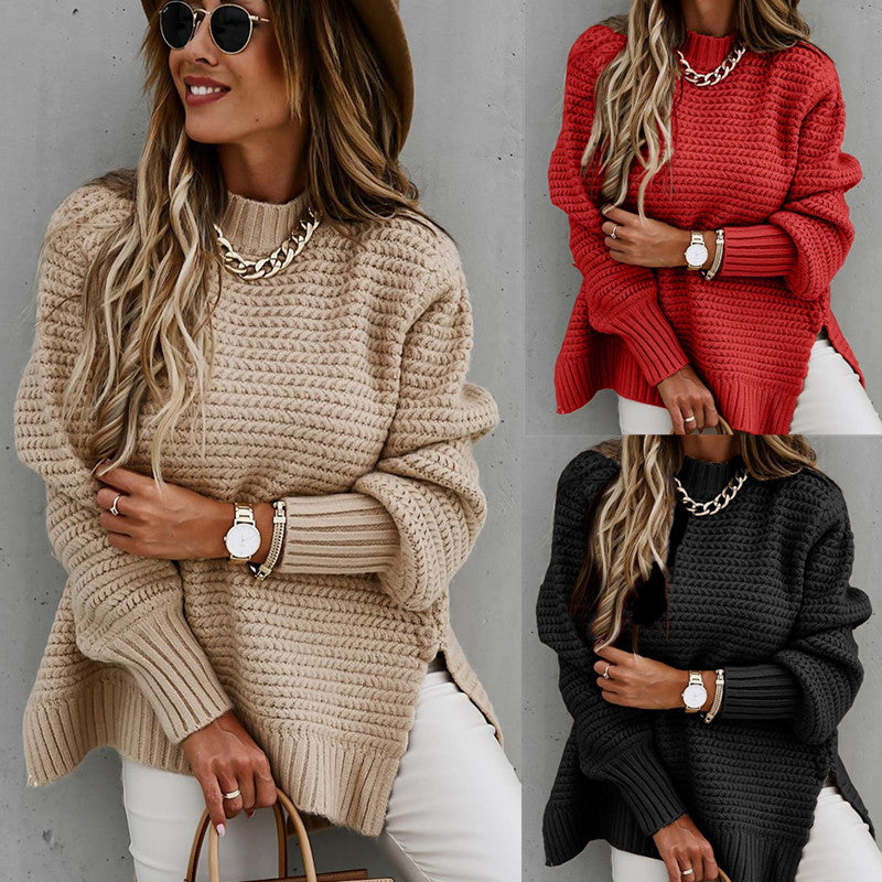 Solid color drawstring slit knit sweater