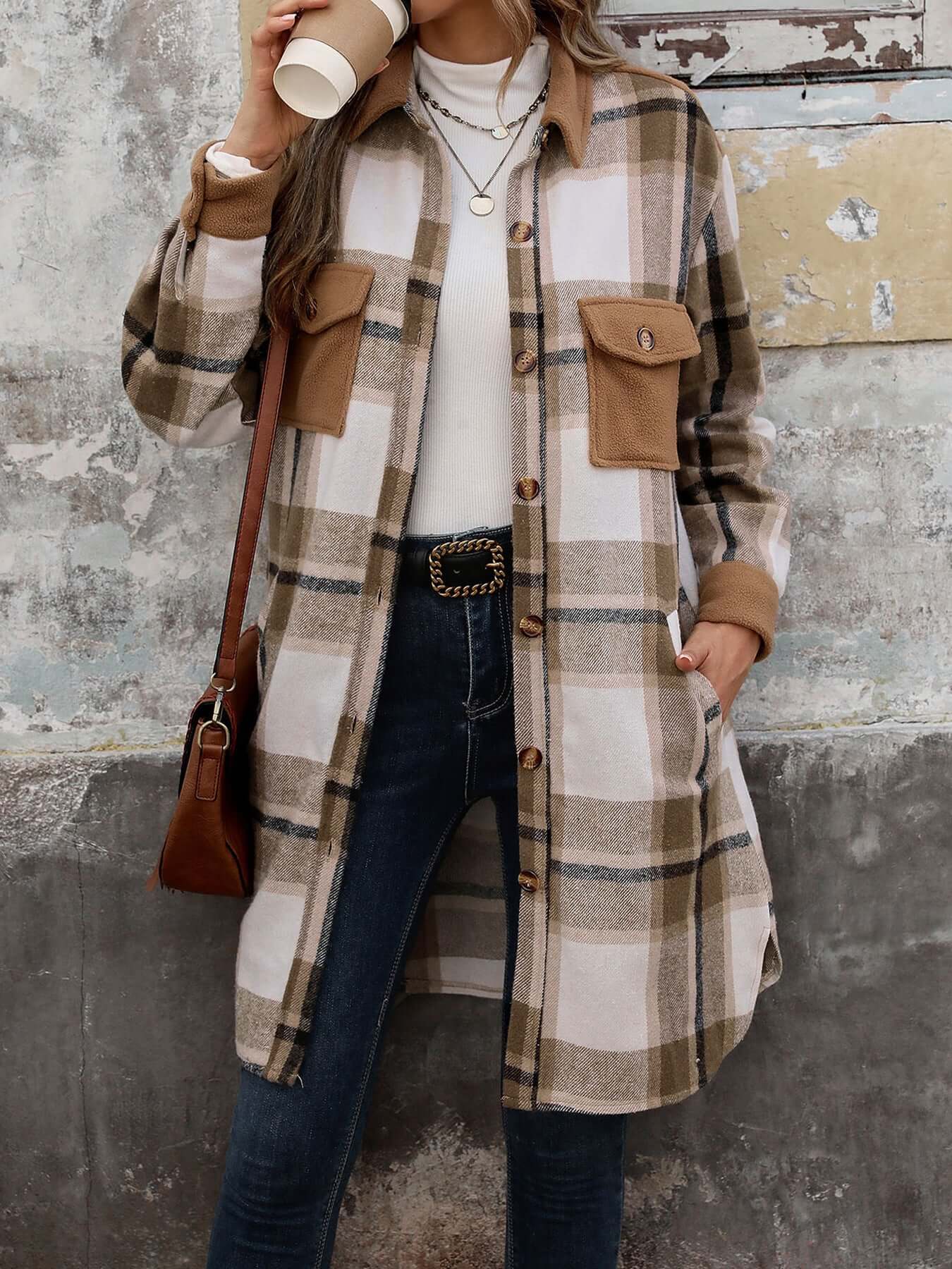 Brushed Plaid Long Coat