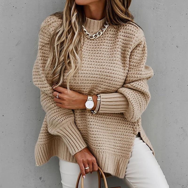 Solid color drawstring slit knit sweater