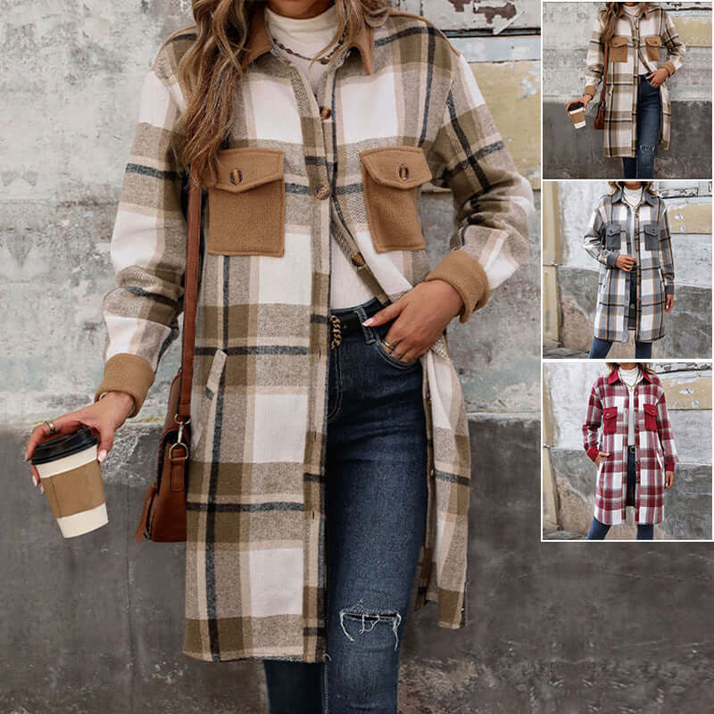 Brushed Plaid Long Coat