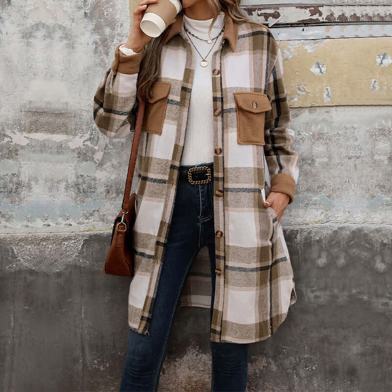 Brushed Plaid Long Coat