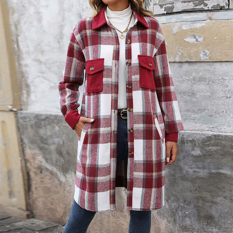 Brushed Plaid Long Coat