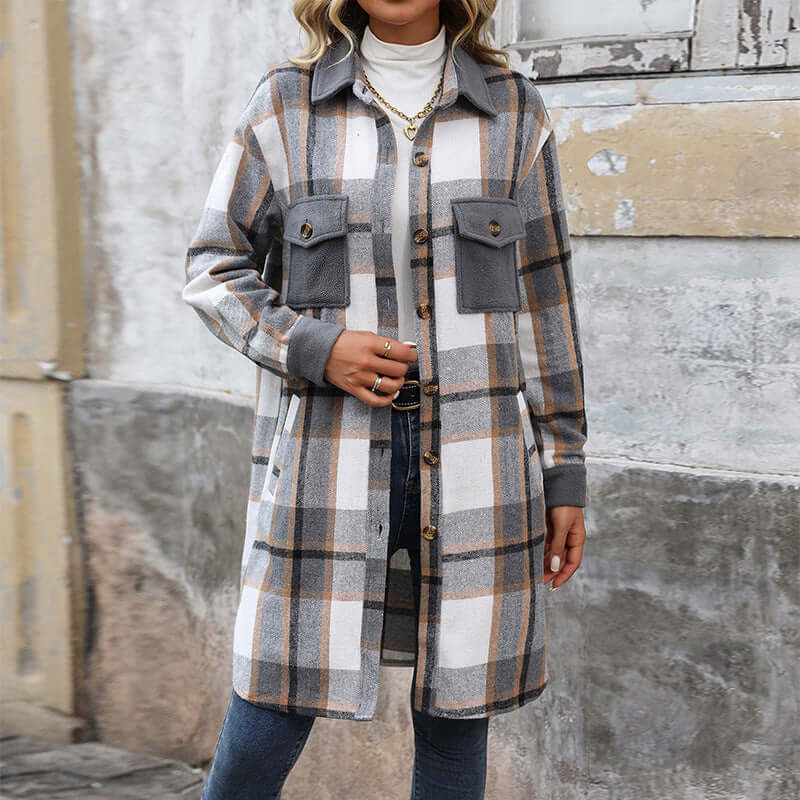 Brushed Plaid Long Coat