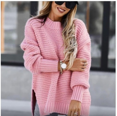 Solid color drawstring slit knit sweater