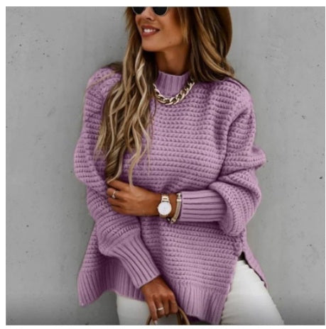 Solid color drawstring slit knit sweater